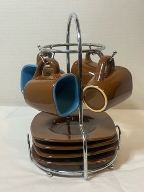 Brown Ceramic Espresso Cup and Saucer Set with Holder - Blue Lined Interior